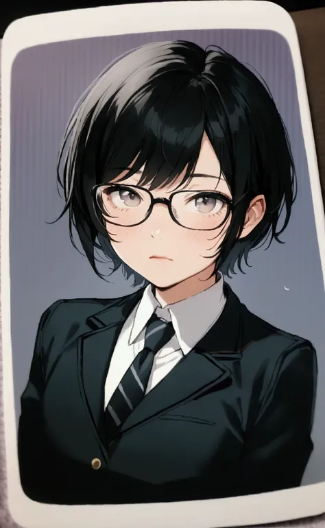 1girl, solo, black hair, shirt, looking at viewer, collared shirt, full body, short hair, black jacket, white shirt, black eyes, jacket, necktie, androgynous, glasses, skirt, school uniform, amazing quality, very aesthetic, masterpiece