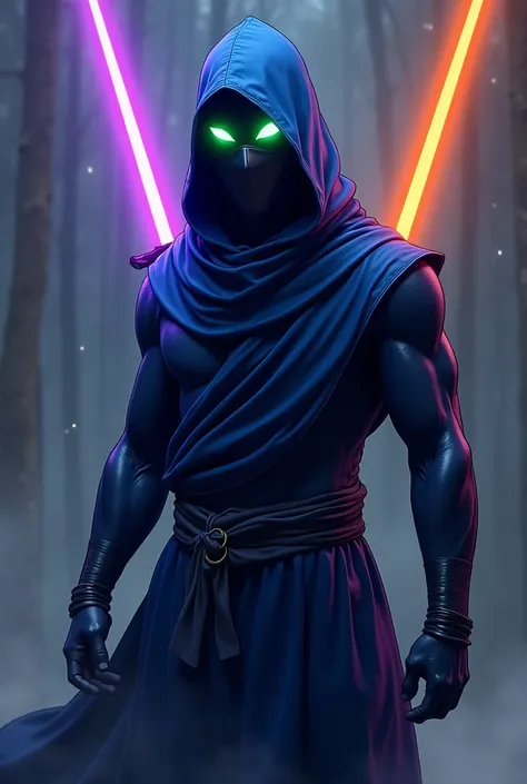 Blue ninja suit,has a jet black body and is masked. blue eyes,Glowing Green Eyes,Glowing Red eye,Has 5 eyes including Shining Purple eyes and Shining White eyes and has medium muscle mass.,An anime man with one purple aura sword and one orange aura sword p...