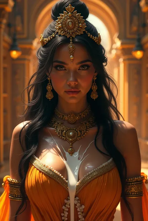 (best quality,4k,8k,highres,masterpiece:1.2),ultra-detailed,(realistic,photorealistic,photo-realistic:1.37),beautiful Hindu goddess,gorgeous detailed face,extremely detailed eyes and face,longeyelashes,beautiful detailed breasts,milk flowing from breasts,i...