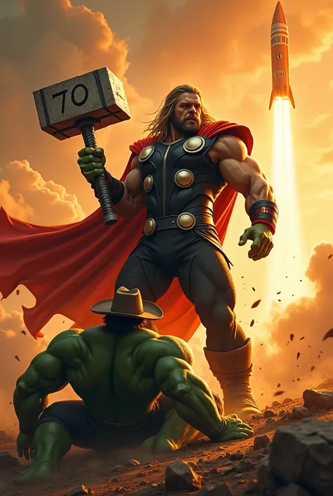 Have Thor with orange cape swing an orange demolition hammer with the number 70 at Hulk and have Hulk be lying on the ground with a cowboy hat and behind them an orange rocket with the number 70. And a sentence written underneath, speaking ( Feel the hamme...