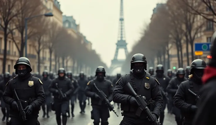 2024 Paris city in chaos; soldiers marching in the streets