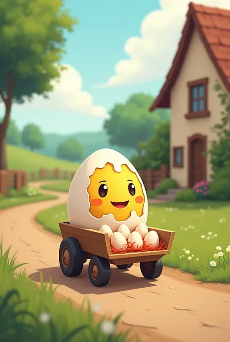  egg driving a cart that is going to deliver eggs to a house
