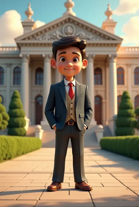 In cenamatic 3d cartoon style "The exterior of a grand building, symbolizing success and education. The boy’s transformation from poverty to success is highlighted in his posture and attire.
