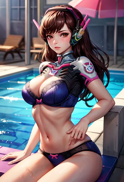 Masterpiece,Solo,One Girl,D.va,(Overwatch),Big Breasts,Perfect Body,Sexy Body Hot,High Quality,Super Resolution,Photograph 16K,Ultra Detailed,Long Hair,Brown Hair,Headphone,Beautiful,Beautiful Woman,Mini Bra,Mini Panties,Swimming Pool Background 