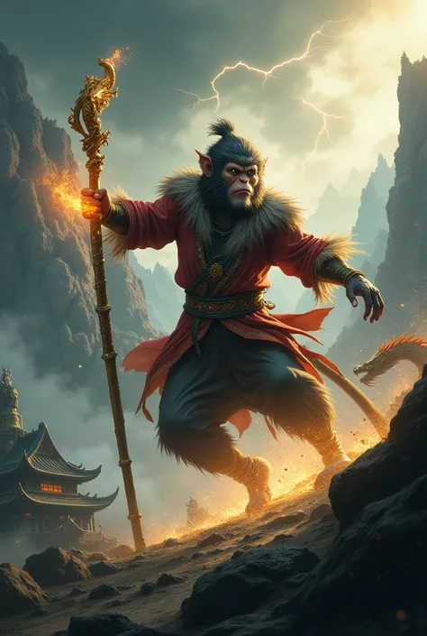 Create a dynamic and intense scene featuring Wukong, the Monkey King, in a mystical, ancient Chinese landscape. Wukong is mid-action, wielding his iconic golden staff, which glows with powerful energy. His fur is dark and slightly rugged, with a determined...