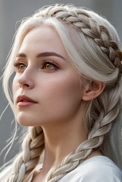 a beautiful woman with long white hair, golden eyes, and white clothing, looking upwards, upper body portrait, side hair highlights, pale skin, braided hair