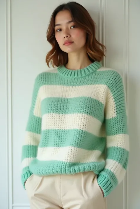 Mint green and white horizontal stripe crochet mohair sweater 