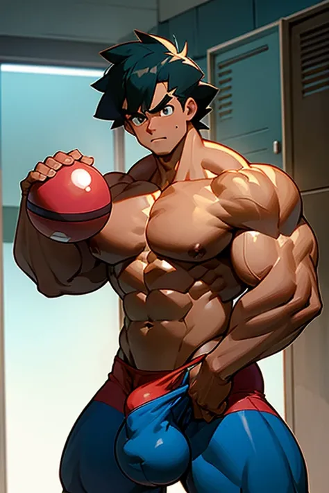 Ash Ketchum from Pokémon anime as a big dumb muscular bodybuilder jock in a locker room flexing and staring blankly as his eyes glow red under hypnosis with his mouth hanging open as he repeats, "Bigger... Dumber.... Must obey.... More like a jock bro ever...