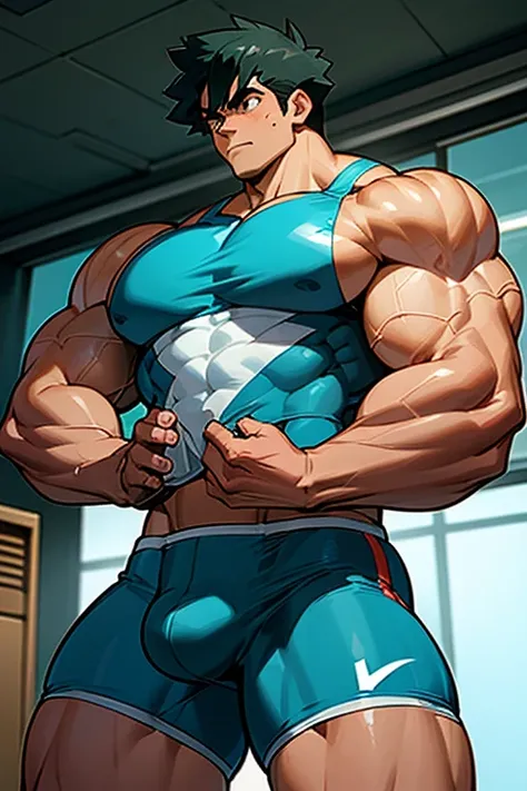 Ash Ketchum from Pokémon anime as a big dumb muscular bodybuilder jock in a locker room flexing and staring blankly as his eyes glow red under hypnosis with his mouth hanging open as he repeats, "Bigger... Dumber.... Must obey.... More like a jock bro ever...