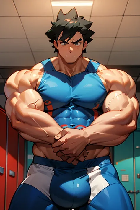 Ash Ketchum from Pokémon anime as a big dumb muscular bodybuilder jock in a locker room flexing and staring blankly as his eyes glow red under hypnosis with his mouth hanging open as he repeats, "Bigger... Dumber.... Must obey.... More like a jock bro ever...