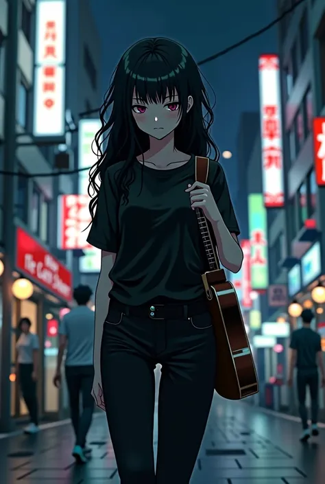 Goth Anime Style Girl, in black pants and shirt, similar to Nana Osaki, long curly hair, walking alone with a guitar on the streets of Tokyo at night