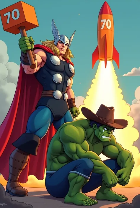 Make Thor with an orange mallet with the number 70, and the Hulk with a cowboy hat on his knees crying, and behind them an orange rocket with the number 70
