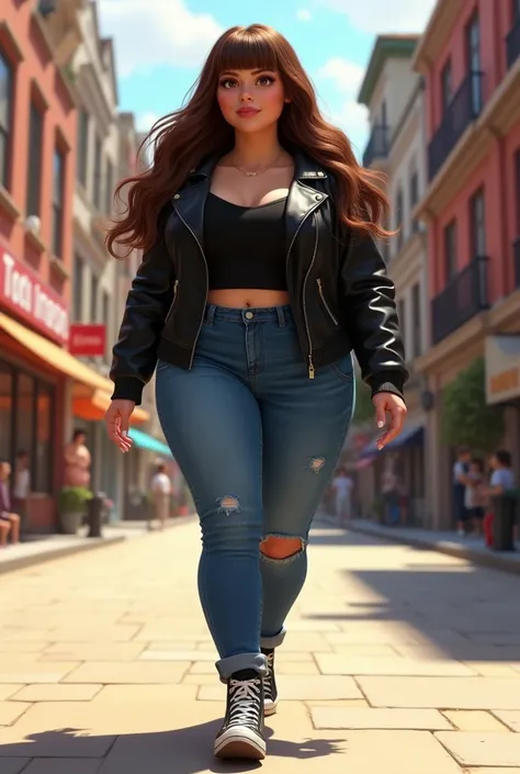 A woman of robust build and thick legs, Long wavy brown hair in layers to the elbows and straight curtain bangs. Dressed in denim jeans, black blouse, black leather jacket and black comverse boots. walking through the streets, Disney Pixar movie style digi...