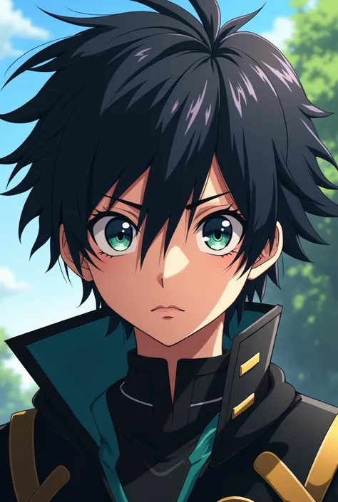 generates an anime-style image of what Charlotte Roselei and Yami Sukehiro&#39;s 1 son would look like with a serious expression