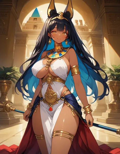 score_10,score_9_up,score_8_up,score_7_up, hadrian, looking at viewer, with Pyramid of Khufu view, in Egypt, female anubis, egyptian clothes, egyptian mythology, truncheon,staff, long black hair, dark skin, tall, wide hips, large breasts, voluptuous, matur...