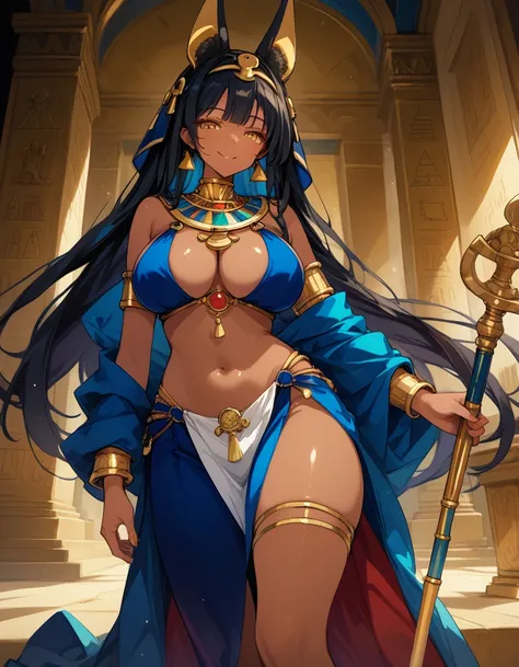 score_10,score_9_up,score_8_up,score_7_up, hadrian, looking at viewer, with Pyramid of Khufu view, in Egypt, female anubis, egyptian clothes, egyptian mythology, truncheon,staff, long black hair, dark skin, tall, wide hips, large breasts, voluptuous, matur...