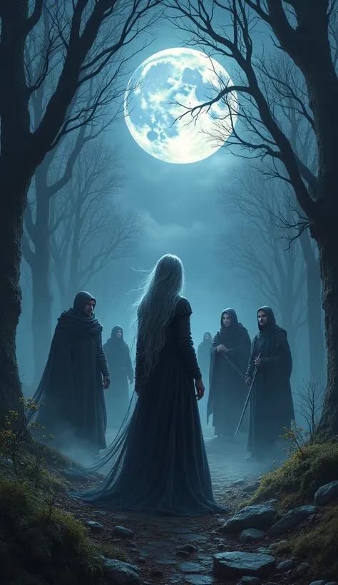 On a moonlit night deep within an ancient forest, a group of heroic adventurers finds themselves ensnared in a trap woven by a cunning witch. The clearing they stand in is bathed in eerie silver light, with shadows stretching ominously from the twisted tre...