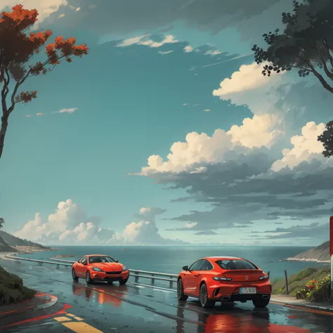 two cars racing on a narrow road overlooking the ocean