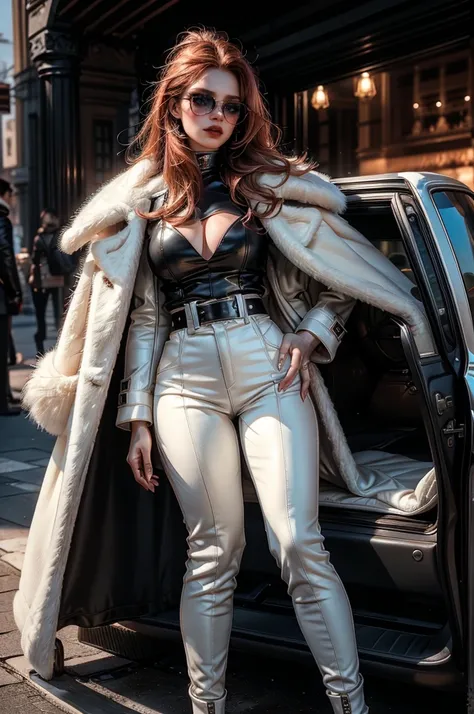 a beautiful young woman with long red hair, lora_Emma, (black high waist leather pants), waist belt, a white fur coat, (red shaded sunglasses), leather boots, cleavage, standing outside,(best quality,4k,8k,highres,masterpiece:1.2),ultra-detailed,(realistic...