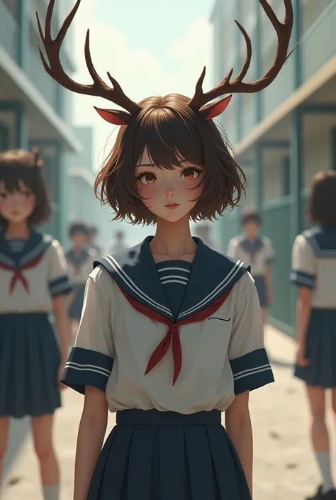 girl with short brown hair antlers wearing school uniform