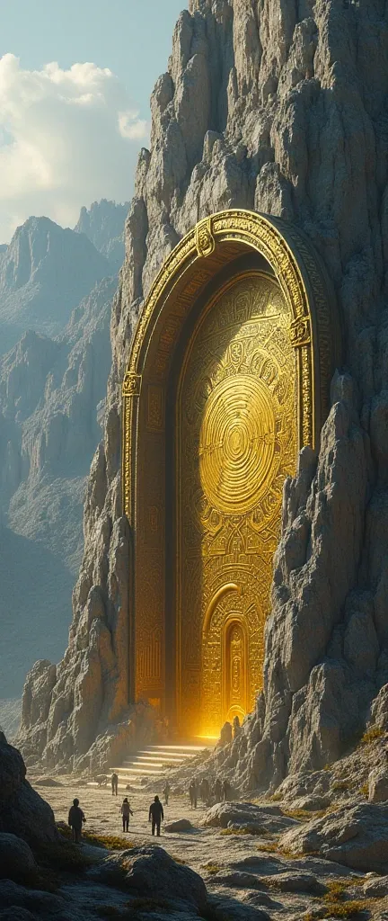 ancient strange ornate golden portal on the side of an ancient mountain with some people around it and it looks like they have a research camp set up