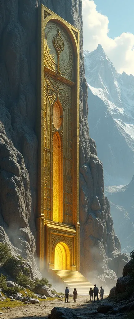 ancient strange ornate golden portal on the side of an ancient mountain with some people around it and it looks like they have a research camp set up