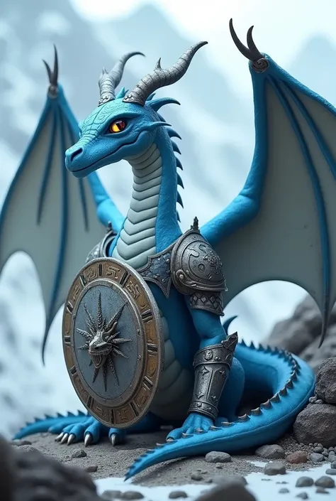 Make a realistic dragon, but tender blue that has a Viking armor with his helmet and shield