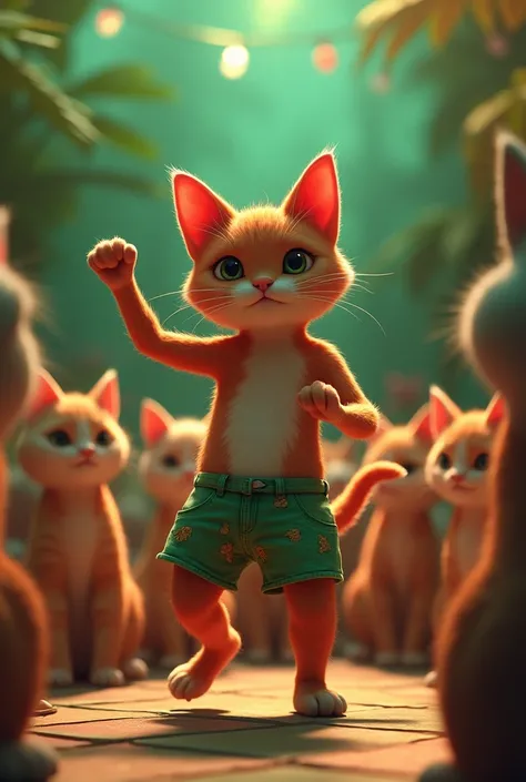 an anthropomorphic cat, dancing, around many cats looking at it, red green, shorts, green color, black polo lights effect, cinematic, ultra-realistic, ultra-realistic 3D 16k.