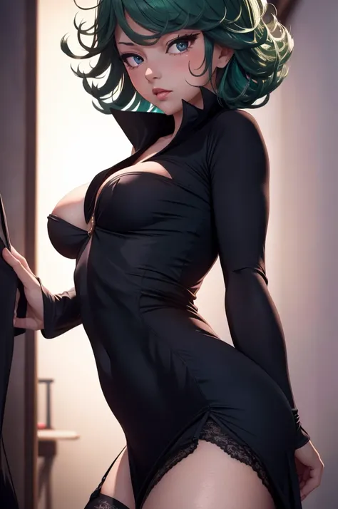 A beautiful detailed portrait of tatsumaki, wearing a sexy low-cut dress, thigh-high stockings, lace panties, with a focus on her large breasts and buttocks, rendered in 8K high resolution, highly detailed, photorealistic, cinematic lighting