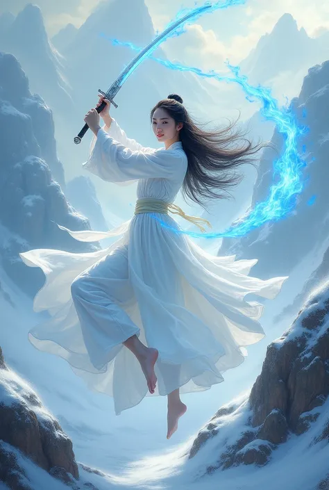 Snow mountain sword painting method, Ancient style woman&#39;s cold ice flame sword, Holding a sword burning with blue flames, Dancing with a sword in white clothes, long hair flowing in the snow, Beautiful woman holding a silver sword, Wear jade jewelry, ...