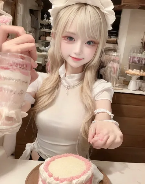 On the table、high resolution、Cake Shop、Cake maker、30-year-old girl、Smiling at the camera、Complete as shown、Fair and beautiful skin、Interior coloring、Hair should be tied up、Slim、Anklets、