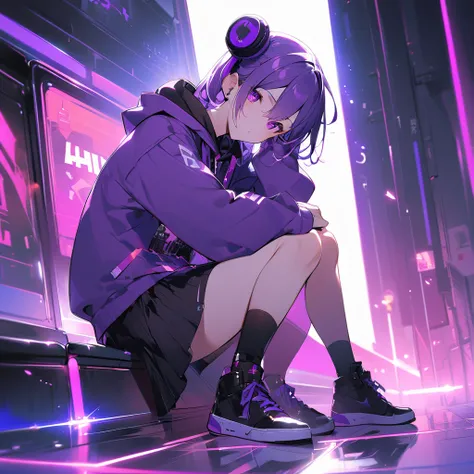 Keito。Purple eyes。Purple Hair。Purple Skirt。Black shoes下。Black shoes。Purple hoodie。Headphones。Brighten eyes。sit。front。