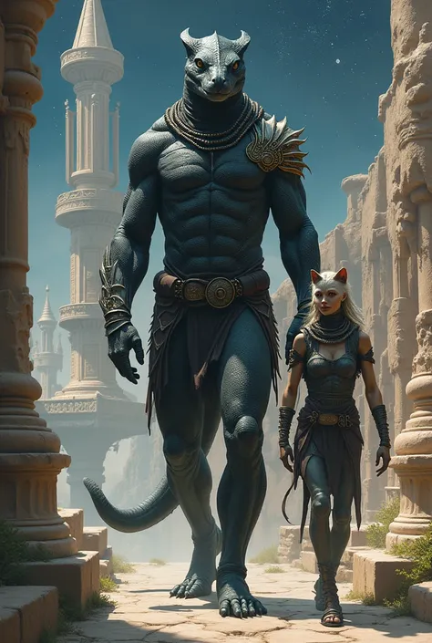 Super strong reptilian with black scales, wears simple silver armor on one side of the body. Beside him is a female feline with domestic cat features.., with tied wrists. 
They walk along a platform in a medieval-themed space environment. 
