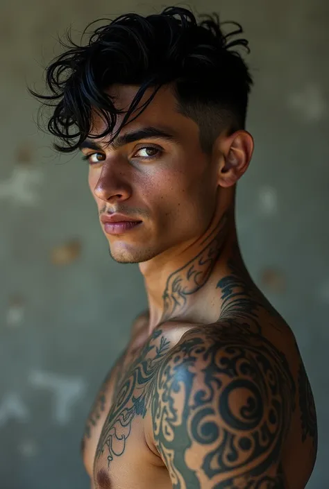 A young Italian man aged 25, with 1,90 tall, black hair short messy layered cut, tanned brown skin with vitiligo on the belly and back and tattoos spread across the body, eyes black 