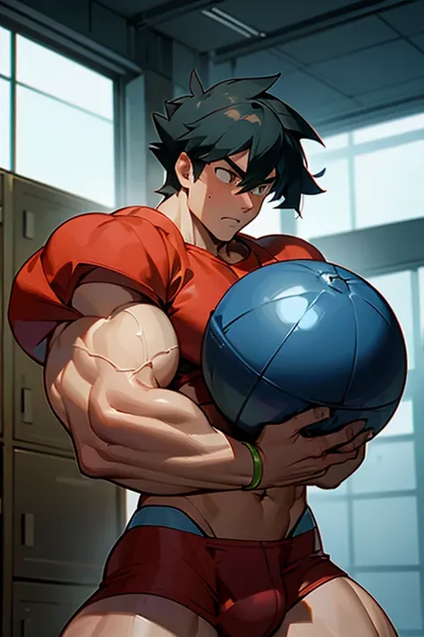 Ash Ketchum from Pokémon anime as a big dumb muscular bodybuilder jock in a locker room flexing and staring blankly as his eyes glow red under hypnosis as he repeats, "Bigger... Dumber.... Must obey.... More like a jock bro every day.... Yes, Coach. I obey...