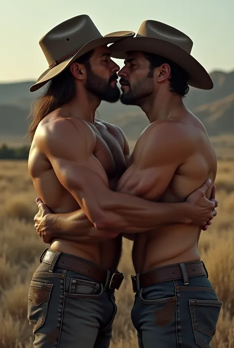 two cowboys wearing boots kissing