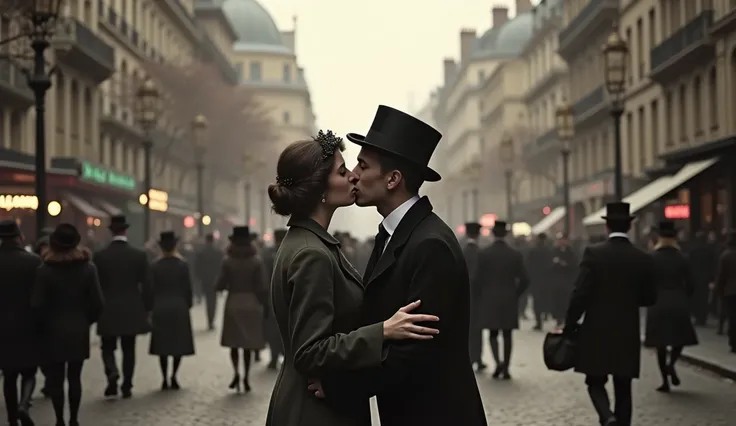 1912 City of Paris in chaos; couples kissing in the streets