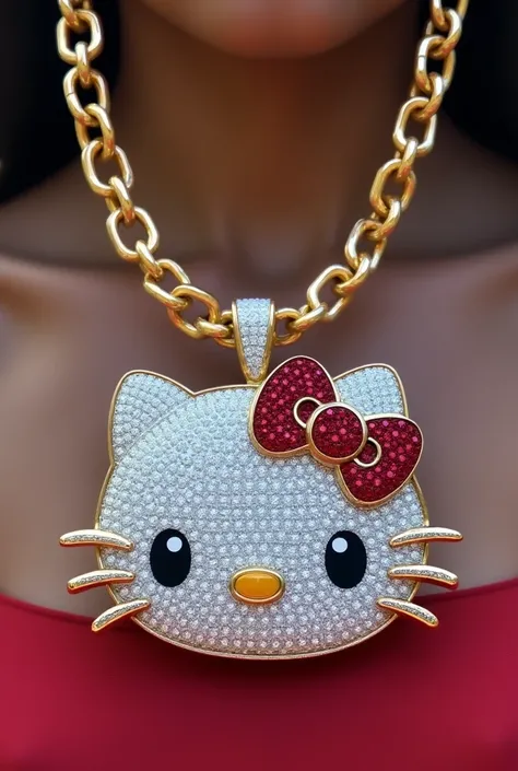 A Cuban style chain necklace with a pendant featuring Stitch and Hello Kitty made of forward facing diamonds.