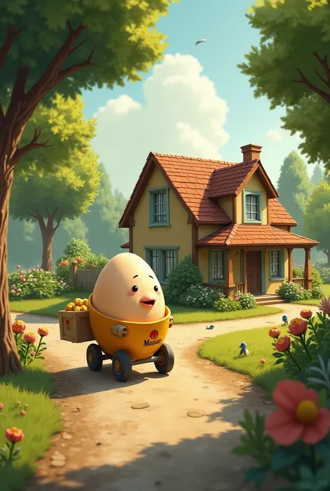 The egg delivery man arrives, who is a little egg with his truck that says Moran Distributor to a country house where there is a garden with many trees.