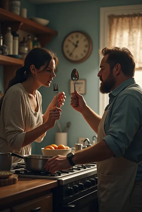 Inside a kitchen, the husband is cooking, and the wife is hitting him with a spoon. 
They are quarreling.