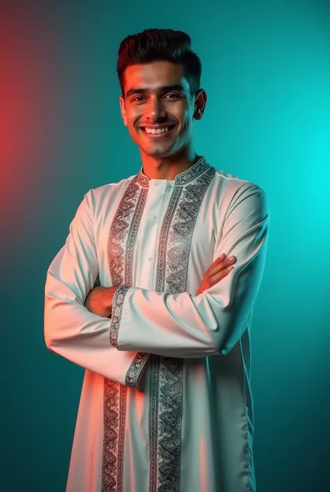 A young man with dark hair and a confident smile. He is dressed in a Arabic Jubba  . The man is positioned against aqua colour backdrop with a subtle red lighting on the left side. and he posing for Linkedin profile