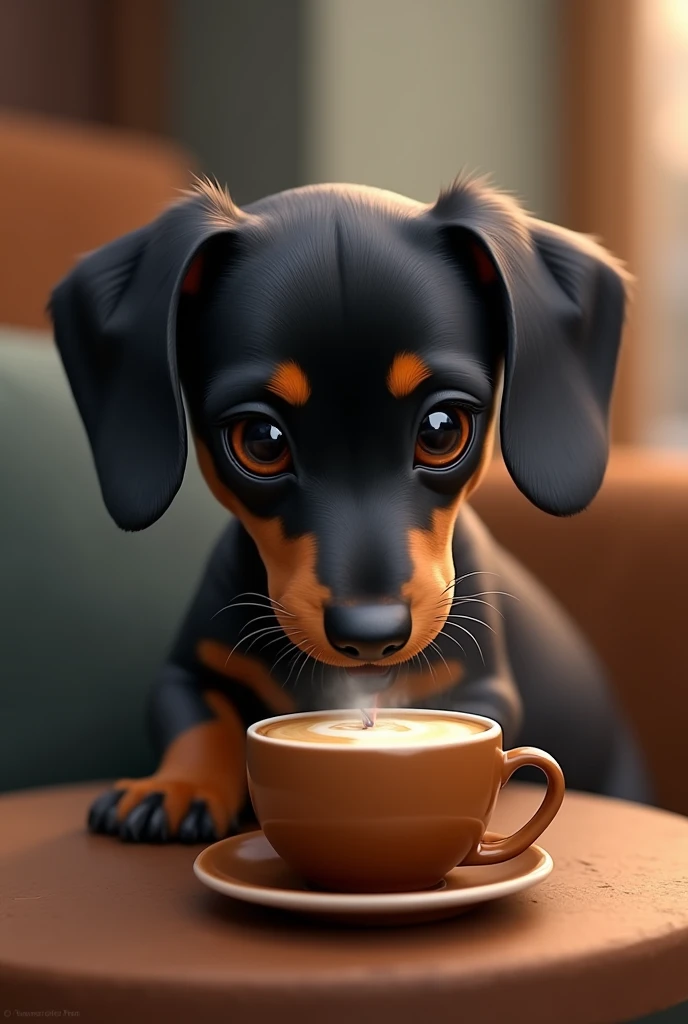 Young black dachshund drinking coffee 