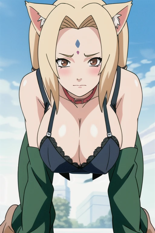 alone focus, alone, close, open your mouth wide,View your viewers,((lingerie)),long knee high boots,((tsunade)), 1 person,((tsunade milf physique)),(Forehead mark ), ((high twintails)),blondes, eye, smile, from the front,Huge breasts,Thick thighs,((Sharp d...