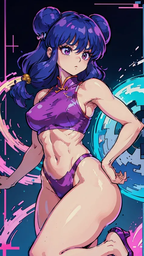 shampoo, Ranma 1/2, , bun head、Purple wide fur, double tail、Chinese traditional dress. blank background. Fitness, muscular, shredded abs, thick thighs, thick calves, sexy legs, thicc thighs, large hips, thin waist, small breasts, high heels, full body, thi...