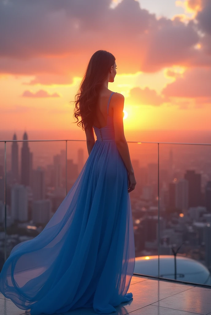 blue dress Women watching sunset on helipad