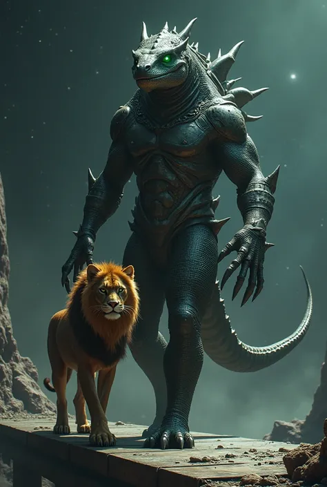 Super strong reptilian with black scales, wears simple silver armor on one side of the body. Beside him is a lioness woman with brown fur and green eyes., she is your prisoner.
They walk on a metal platform in a space environment..
