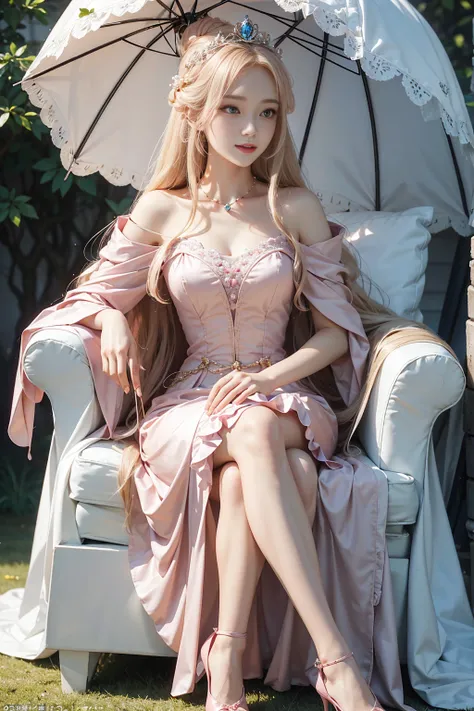 peach princess, Regal in pink dress, Exude elegance. A golden crown rests on her flowing blond hair. Emerald eyes sparkle under long eyelashes, A faint blush appeared on the rosy cheeks. Her slender hands held a parasol, Matches the ruffles of her skirt.. ...