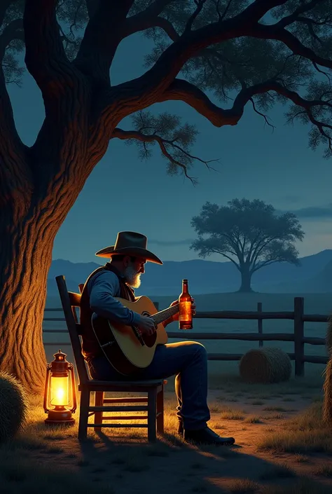 Big tree at night , a corral  , cowboy playing a guitar on a chair and smoking and drinking beer  ,and bales of pasture 