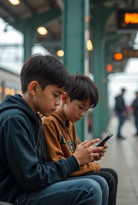 Boys holding phone and sitting in railway station 
