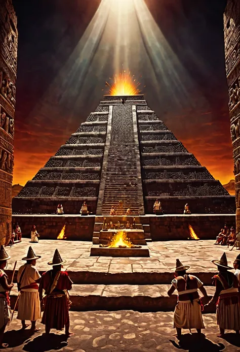 a detailed, intricate illustration of an ancient Aztec ritual in the Pyramid of the Sun, El Dorado, Mexico, with priests performing sacrificial ceremonies, detailed faces and robes, dramatic lighting, photorealistic, 8k, cinematic, baroque, chiaroscuro, dr...